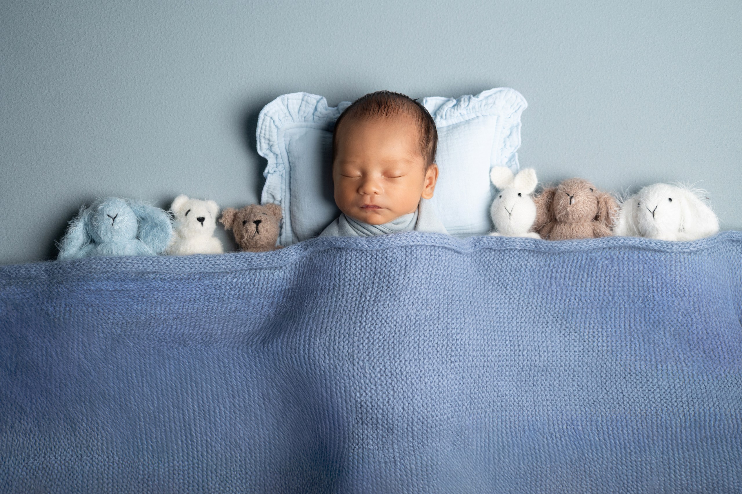 Sleeping newborn tucked under a blue knitted blanket with a row of soft toy animals